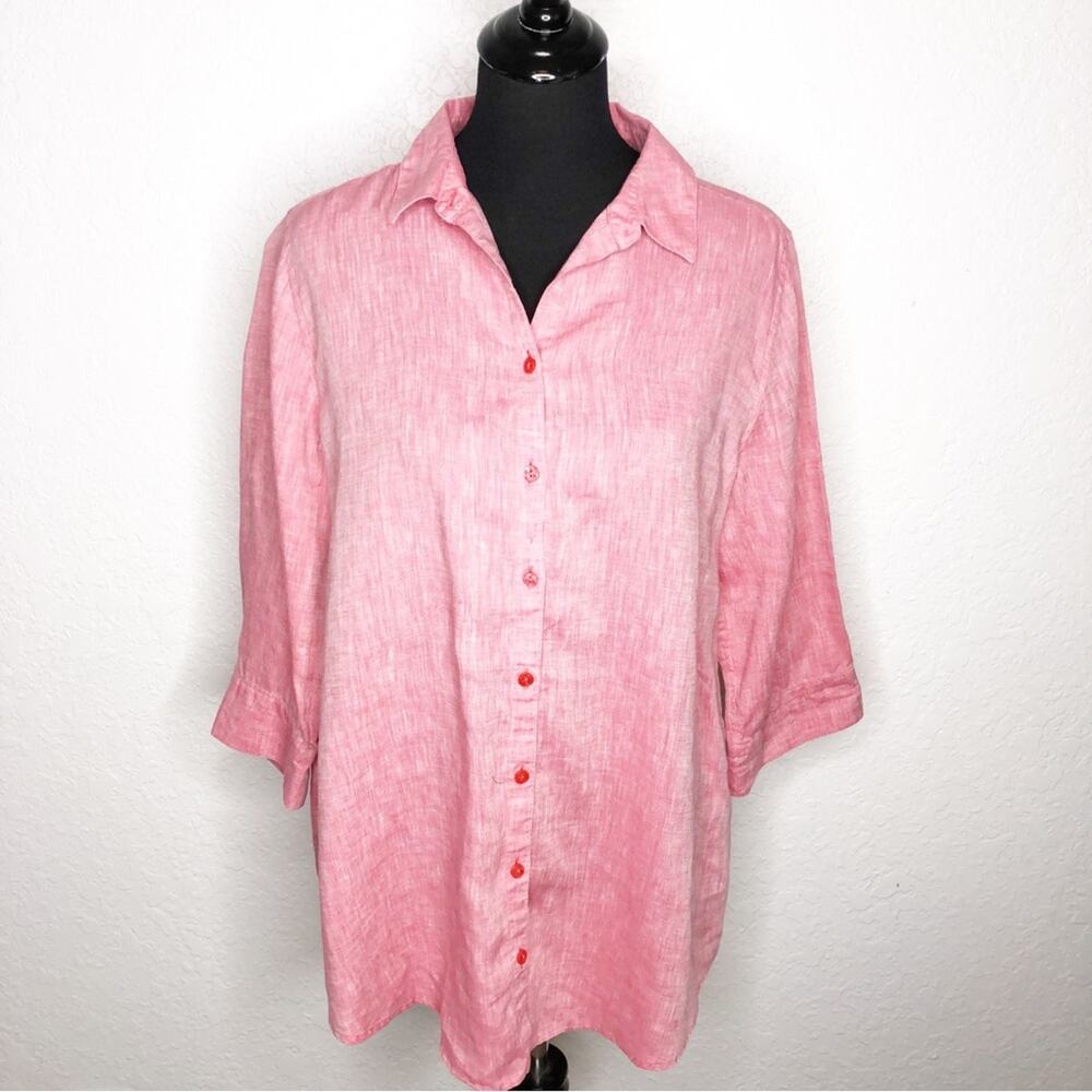 Chicos pink red linen button down top size 2 or Medium lagenlook